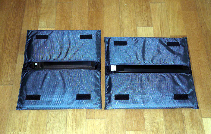 (현재 내가 운용하고 있는 것처럼 5×8 홀더(좌측)와 4×10 홀더(우측)를 두개씩 수납할 수 있는 별도의 파우치를 제작하면 좋다.
배낭에 하나씩 수셔넣고 다니면 어느 산에서든지 거의 모든 포맷으로 대처할 수 있어서 천하무적의 시스템을 완성하게 된다. 위
그림은 파우치를 펼쳤을 때의 모습이며, 위 아래에 한개씩의 홀더를 수납하여 접으면 컴팩트한 홀더 백(bag)이 된다.)